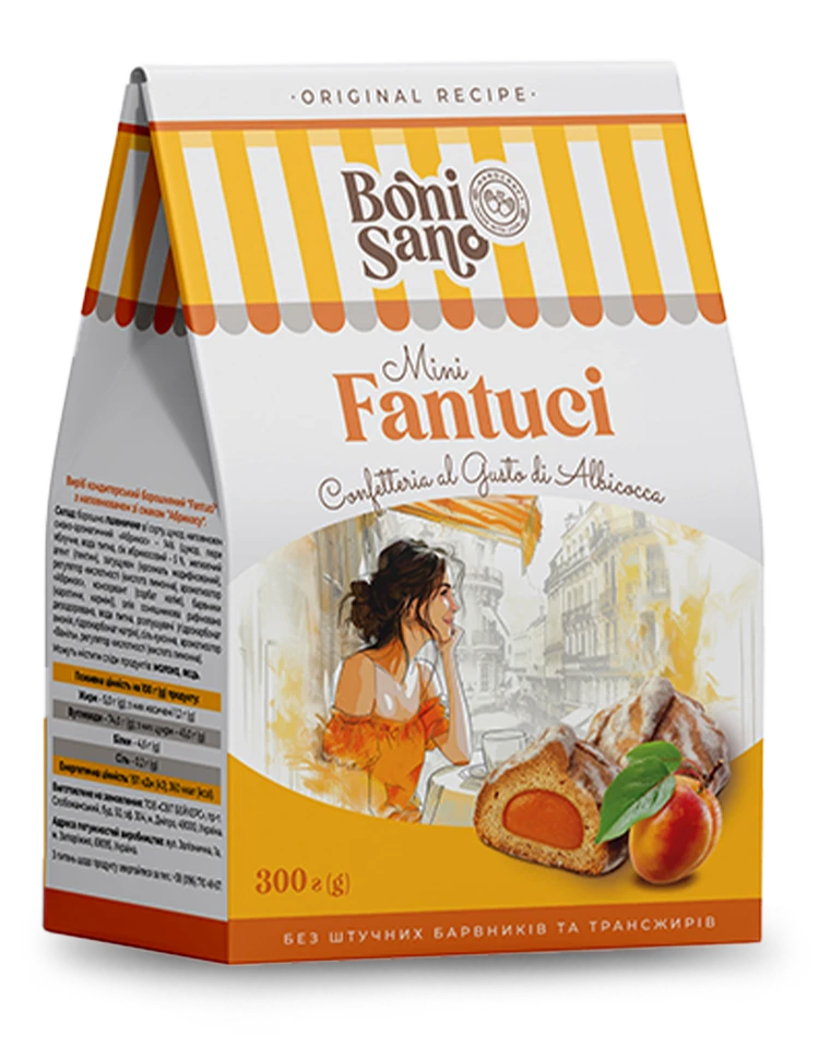 FANTUCI ЗІ СМАКОМ АБРИКОСУ - ВИРОБИ КОНДИТЕРСЬКІ, ТМ «BONI SANO»