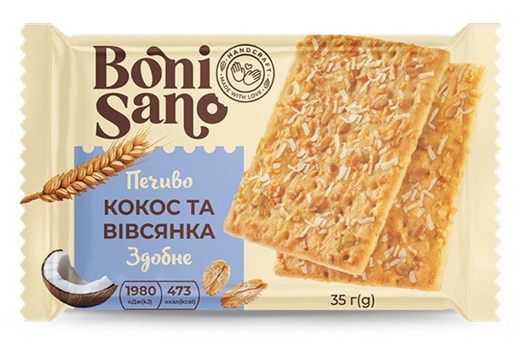 З КОКОСОМ ТА ВІВСЯНИМИ ПЛАСТІВЦЯМИ - ПЕЧИВО ЗДОБНЕ, ТМ «BONI SANO»